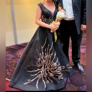 Elegant Couture Black and Gold Evening Gown